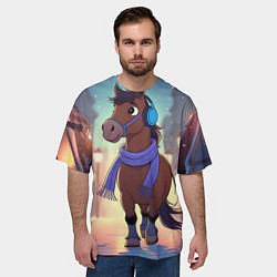 Футболка оверсайз мужская Лошадка в шарфе и наушниках, цвет: 3D-принт — фото 2