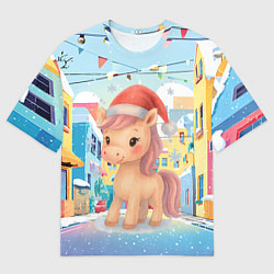 Футболка оверсайз мужская Лошадка с новогоднем венком, цвет: 3D-принт