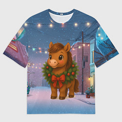 Мужская футболка оверсайз Лошадка с новогоднем венком 2026