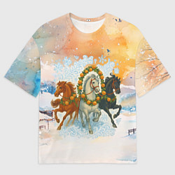 Мужская футболка оверсайз Новогодняя тройка лошадей с мандаринами