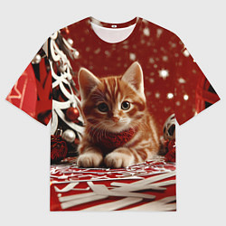 Мужская футболка оверсайз Рыжий Новогодний котенок