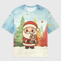 Мужская футболка оверсайз Санта с котенком