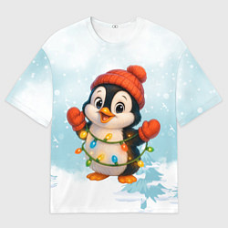 Мужская футболка оверсайз Пингвинчик в свете зимних огней
