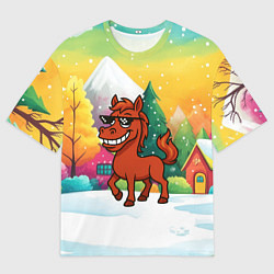 Мужская футболка оверсайз Красная лошадка в очках подмигивает 2026