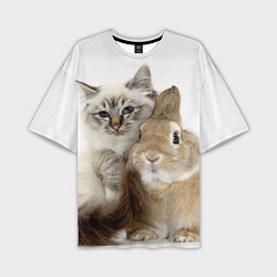 Мужская футболка оверсайз Кот и кролик пушистые