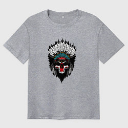 Футболка оверсайз мужская Череп индейца в перьях, цвет: меланж