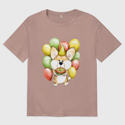 Мужская футболка оверсайз Милый корги с тортиком