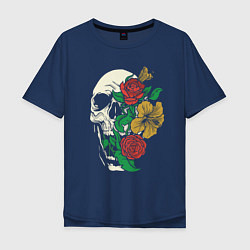 Футболка оверсайз мужская Floral Roses Skull, цвет: тёмно-синий