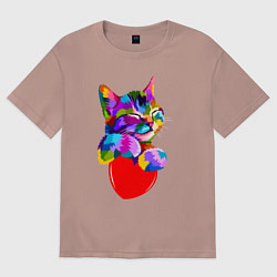 Футболка оверсайз мужская РАДУЖНЫЙ КОТИК RAINBOW KITTY, цвет: пыльно-розовый