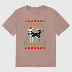 Футболка оверсайз мужская Рождественский свитер Хаски, цвет: пыльно-розовый