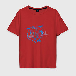 Футболка оверсайз мужская Контур головы синего тигра, арт лайн, цвет: красный