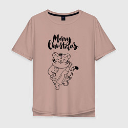 Мужская футболка оверсайз Merry Christmas Тигр с Шампанским