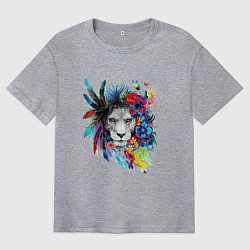 Футболка оверсайз мужская Лев в цветах и перьях, цвет: меланж