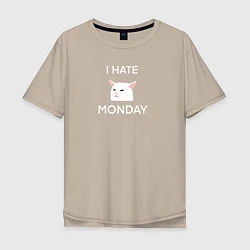 Футболка оверсайз мужская I hate monday текст с котом, цвет: миндальный