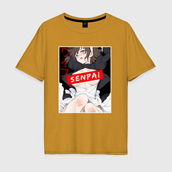 Футболка оверсайз мужская Девушка и надпись Senpai Ahegao, цвет: горчичный
