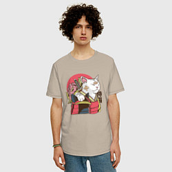 Футболка оверсайз мужская Котик Самурай Samurai Cat Japanese art, цвет: миндальный — фото 2