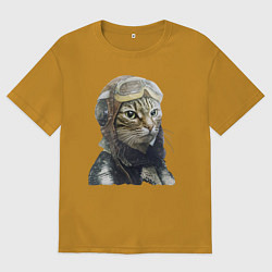 Футболка оверсайз мужская Кот - пилот The pilot Cat, цвет: горчичный