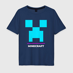 Футболка оверсайз мужская Символ Minecraft в неоновых цветах, цвет: тёмно-синий