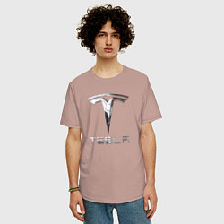 Футболка оверсайз мужская Tesla Logo Тесла Логотип, цвет: пыльно-розовый — фото 2