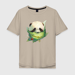 Мужская футболка оверсайз Детёныш панды в гнезде из листьев