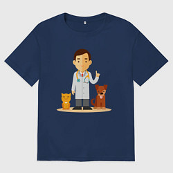 Футболка оверсайз мужская Ветеринар заботится о животных - котик и пёсик, цвет: тёмно-синий