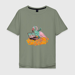 Мужская футболка оверсайз Осенний фламинго с ноутбуком, мечты о лете