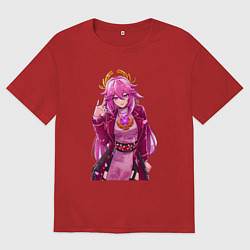 Футболка оверсайз мужская Яэ Мико на стиле - Геншин Импакт, цвет: красный