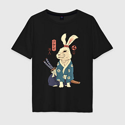 Футболка оверсайз мужская Кролик самурай с мечом, цвет: черный