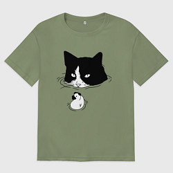 Футболка оверсайз мужская Кот сидит в воде и сторожит утёнка, цвет: авокадо