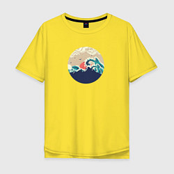 Футболка оверсайз мужская Большие океанские волны и силуэт острова на закате, цвет: желтый