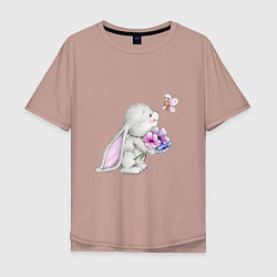 Футболка оверсайз мужская Кролик дарит цветы тебе, цвет: пыльно-розовый