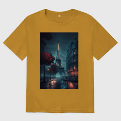 Футболка оверсайз мужская Нейросеть - Ночной Париж, цвет: горчичный