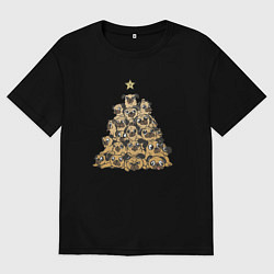 Футболка оверсайз мужская Новогодняя елка из мопсов, цвет: черный