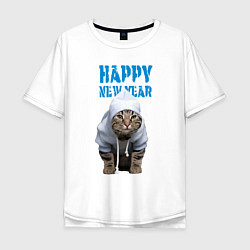 Футболка оверсайз мужская Happy New Year - Прикольный котик, цвет: белый