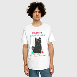 Футболка оверсайз мужская Meowy Christmas and a happy purr year, цвет: белый — фото 2