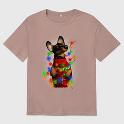 Футболка оверсайз мужская Новогодняя такса, цвет: пыльно-розовый