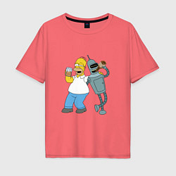 Футболка оверсайз мужская Drunk Homer and Bender, цвет: коралловый