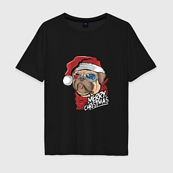Мужская футболка оверсайз Pug merry christmas