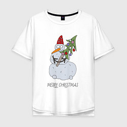 Мужская футболка оверсайз Снеговик с новогодней ёлкой в Руках