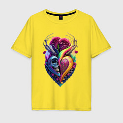 Футболка оверсайз мужская Сердце, череп и розы, цвет: желтый