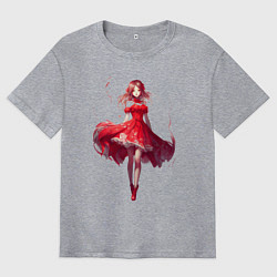 Футболка оверсайз мужская Аниме девушка в красном платье, цвет: меланж