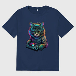 Футболка оверсайз мужская Кот диджей, цвет: тёмно-синий