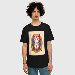 Футболка оверсайз мужская Иллюстрация маски кицунэ, цвет: черный — фото 2