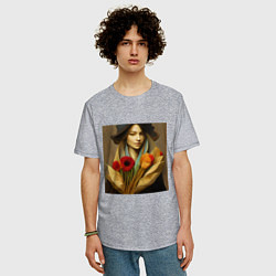 Футболка оверсайз мужская Девушка с цветами в стиле экспрессионизм, дизайн 1, цвет: меланж — фото 2