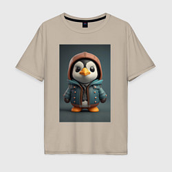 Мужская футболка оверсайз Пингвин в курточке и шлеме
