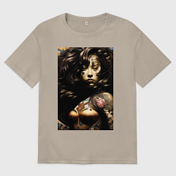 Футболка оверсайз мужская Кореянка - нейросеть, цвет: миндальный