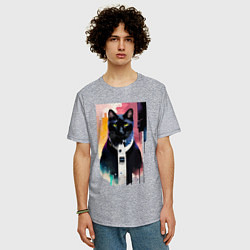 Футболка оверсайз мужская Чёрный кот - киберпанк, цвет: меланж — фото 2