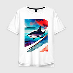 Футболка оверсайз мужская Shark - watercolor - art, цвет: белый