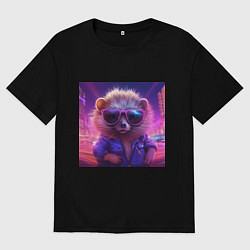 Мужская футболка оверсайз Еж в очках и неоновом свете