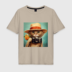Мужская футболка оверсайз Кот в соломенной шляпе с фотоаппаратом